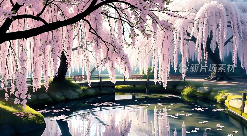 春意盎然湖畔樱雨