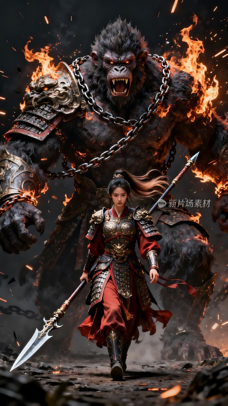 女将战火中前行巨猿火焰中怒视