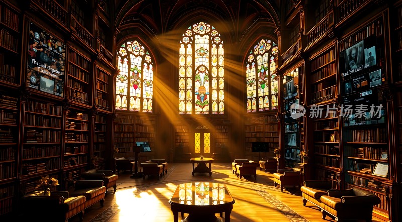 阳光洒满古老图书馆书架高耸玻璃窗透出温暖光芒