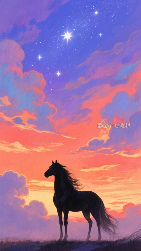 星空下的孤马剪影