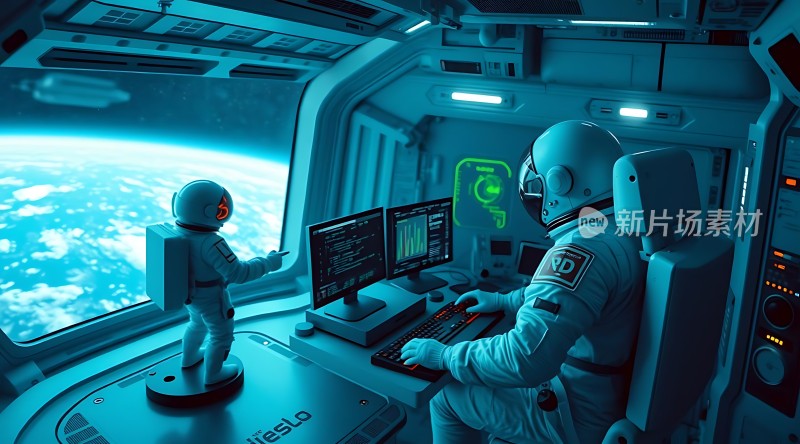 宇航员在太空舱内操作设备地球美景尽收眼底