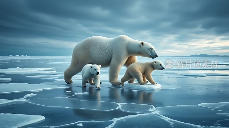 北极熊一家在冰面上行走
