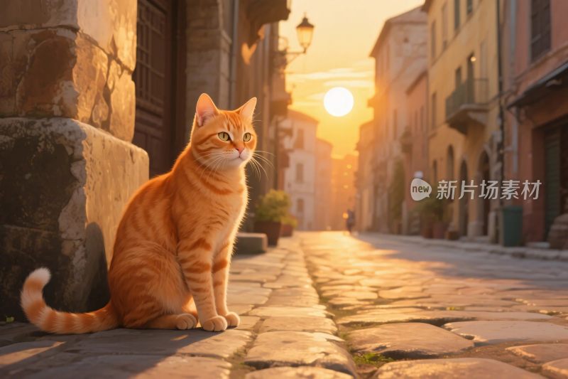 橘猫夕阳街头图