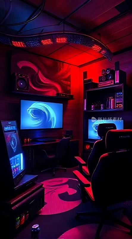 电竞游戏室红蓝灯光下的沉浸式体验空间