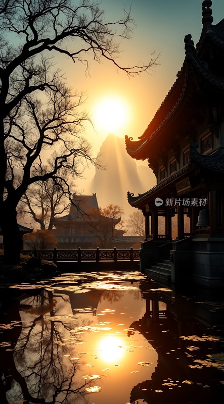 晨曦下的古寺倒影