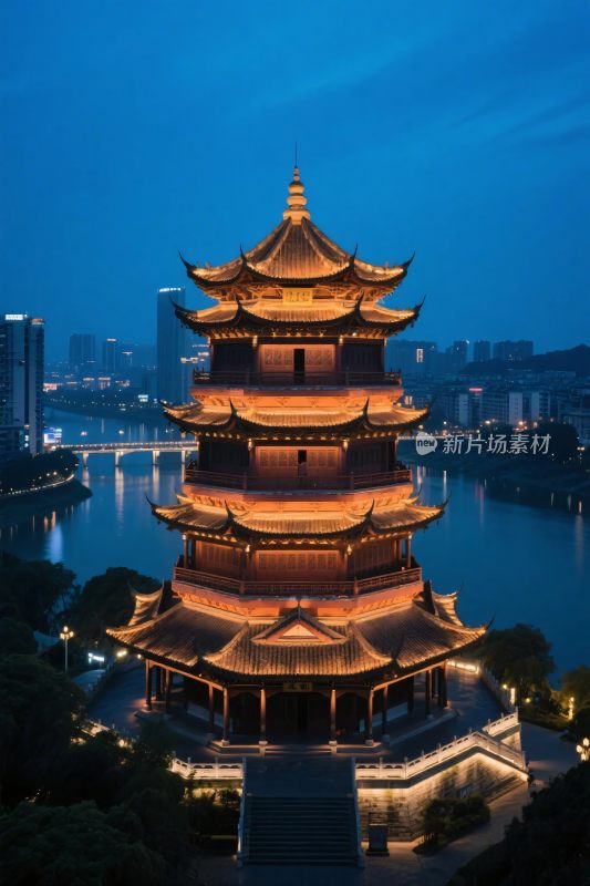 俯瞰古塔夜景全景图