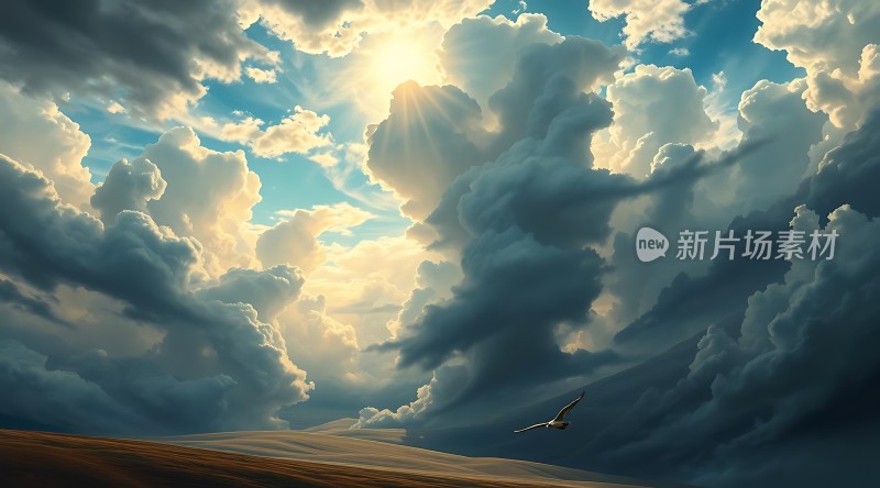 阳光下的云海与飞翔的海鸥