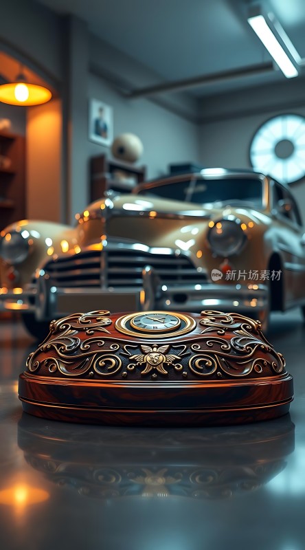 复古车库里的经典汽车与精美时钟