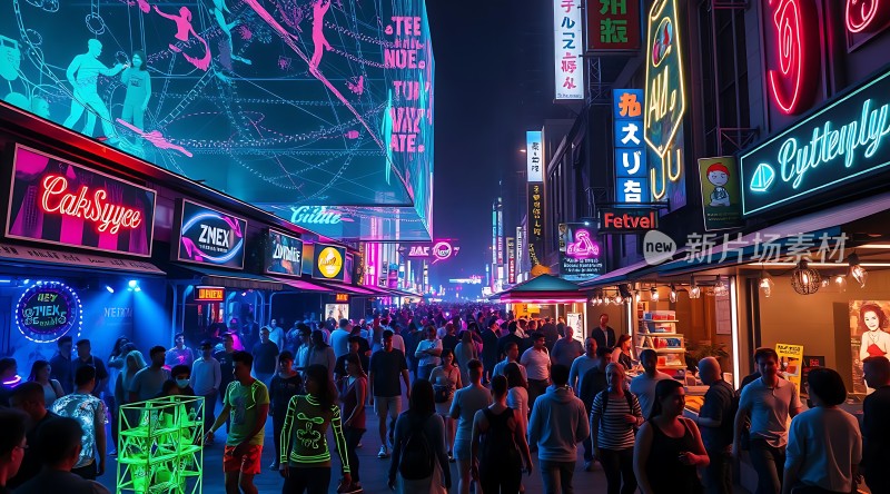 霓虹灯下的繁华夜市