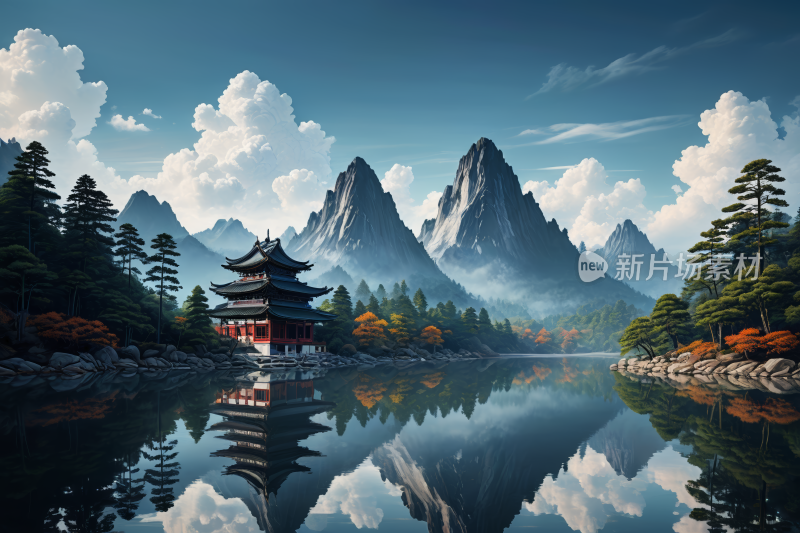 山地景观中的宝塔湖泊的绘高清风景插画图片