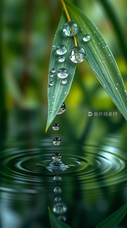 雨后竹叶上的露珠滴落
