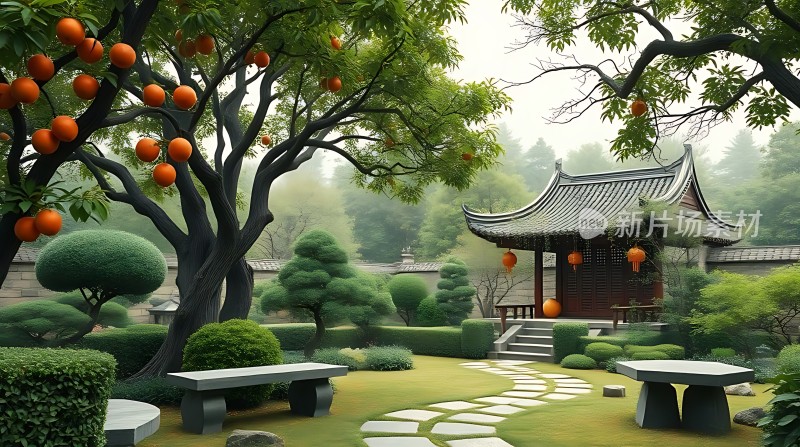 古色古香小院橙黄果实满枝头