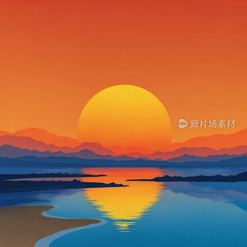 海边壮丽落日景观插画