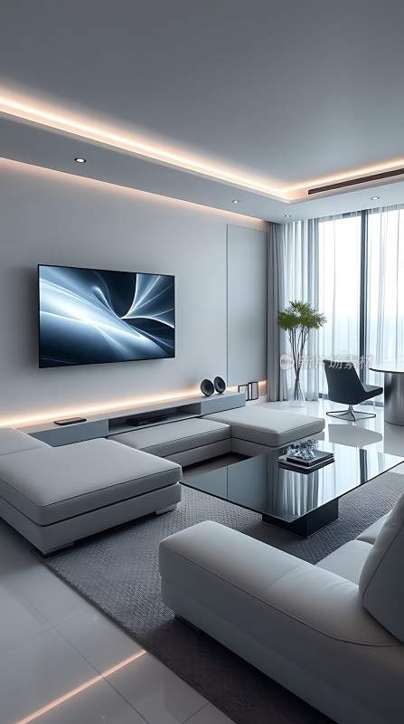 现代简约客厅白色沙发电视背景墙玻璃茶几