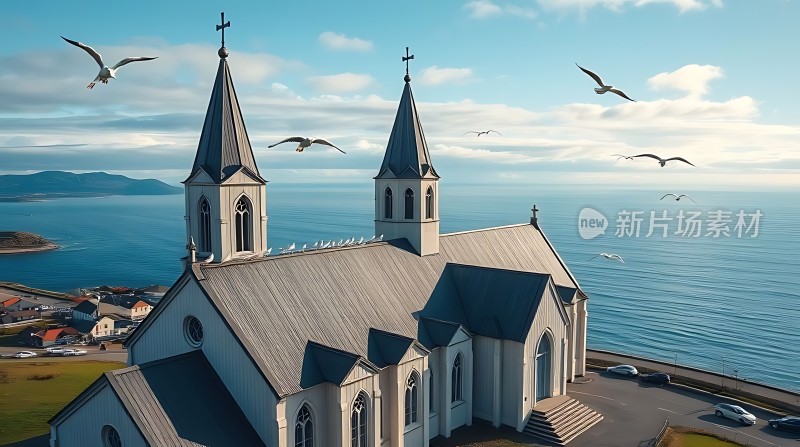 海边的白色教堂与飞翔的海鸥
