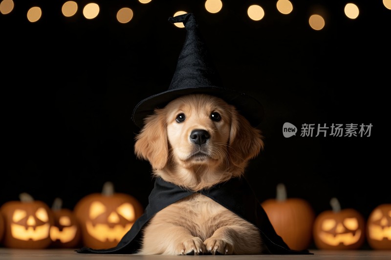 戴巫师帽的万圣节金毛犬