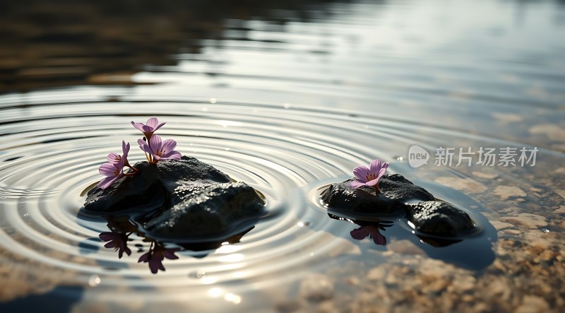 水波轻抚下的紫色小花与岩石