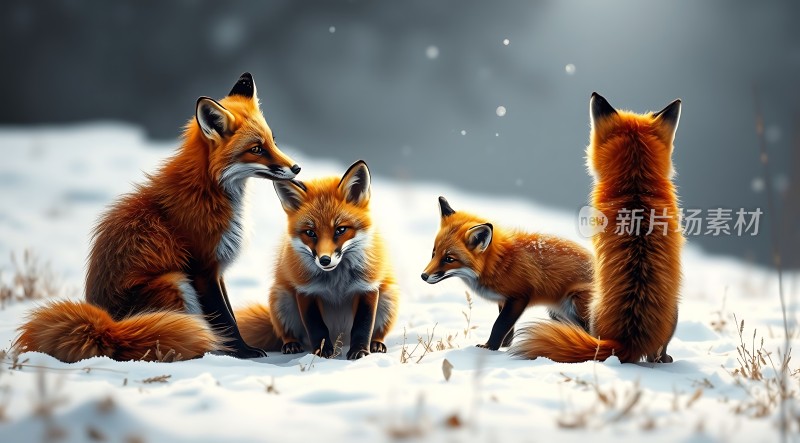 雪地三只小狐狸温馨互动