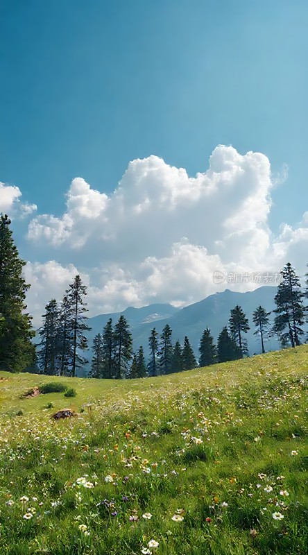 蓝天白云下的绿色草地和树林