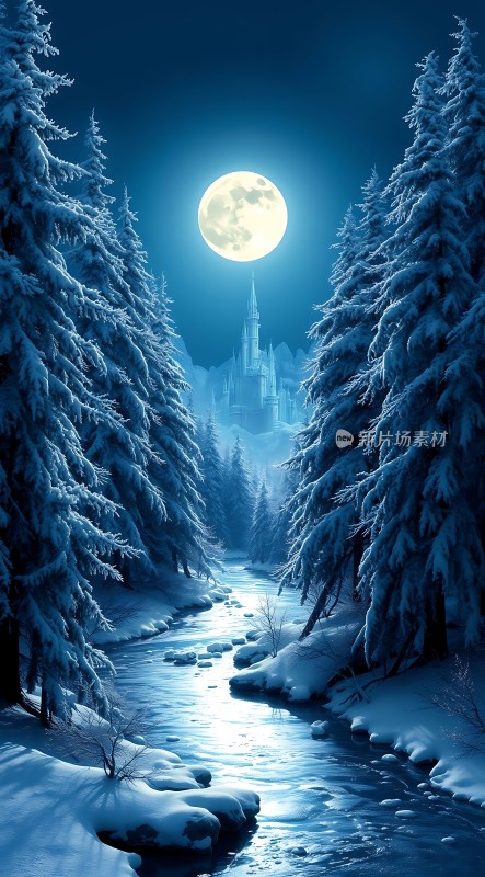 雪夜月下静谧森林