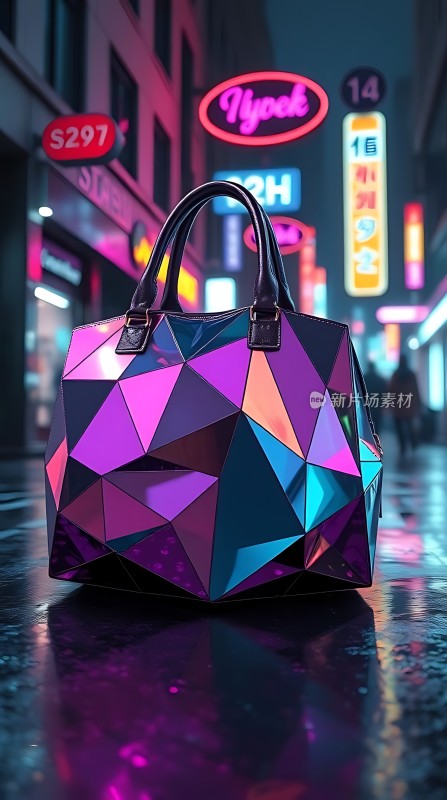 霓虹灯下多彩手提包