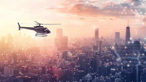 一架直升机飞行在繁华的城市上空