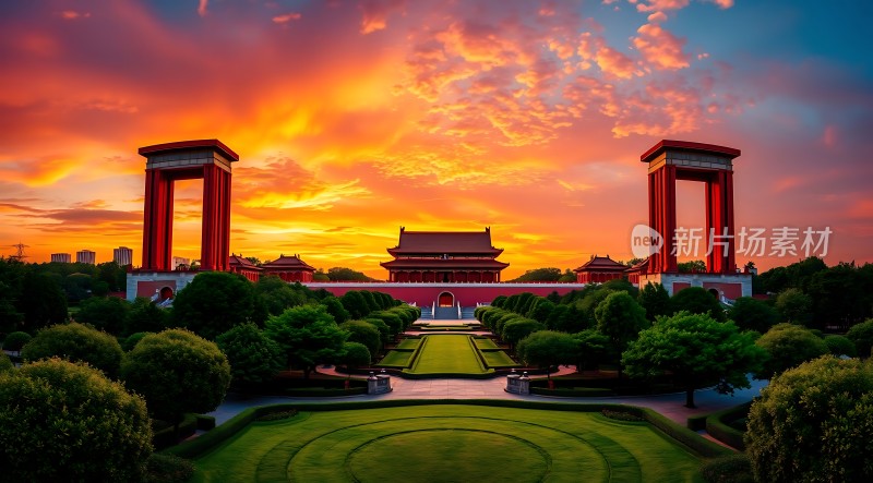 日落下的宏伟宫殿与对称建筑