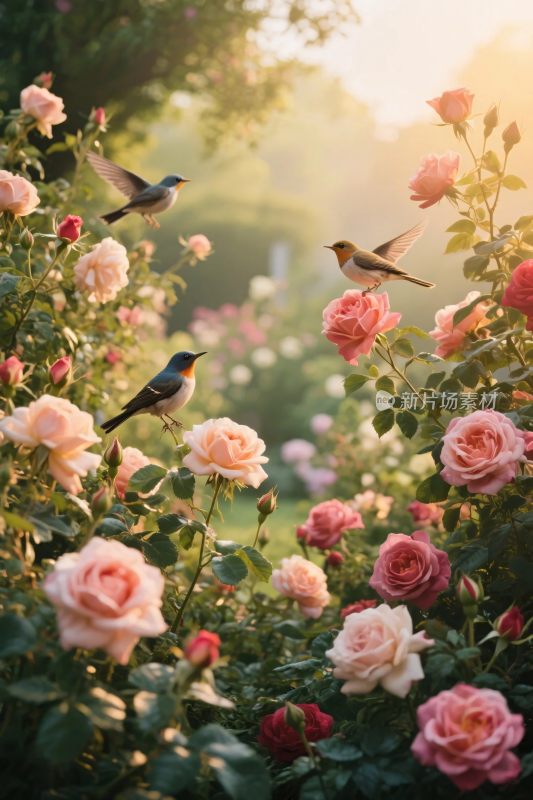 蔷薇花园小鸟风景图