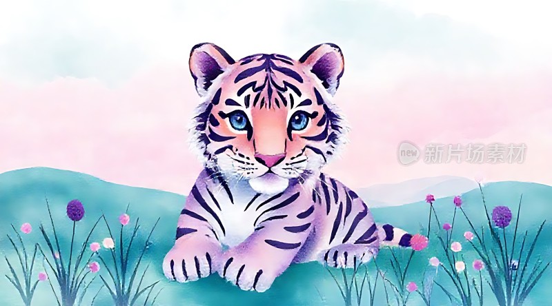 彩色小虎在花丛中