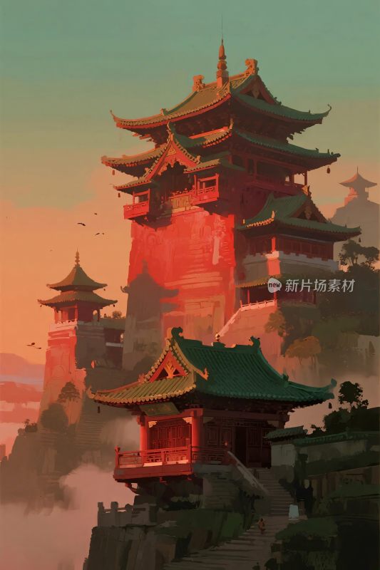 古风古建山水场景