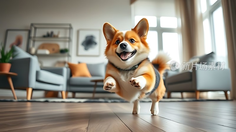 客厅里欢快的柯基犬