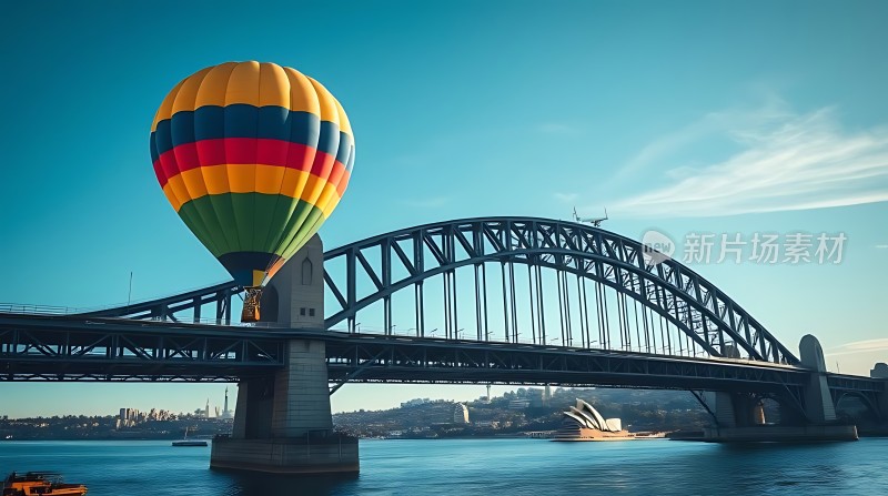 彩色热气球飞跃悉尼歌剧院与海港大桥