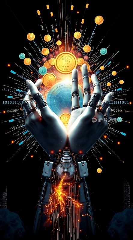机器人双手托起比特币背景有二进制代码和数字货币符号