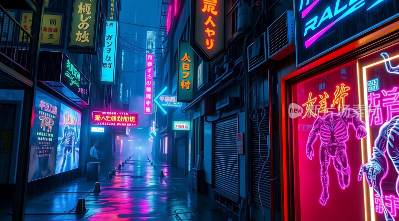 霓虹灯下的未来都市夜景