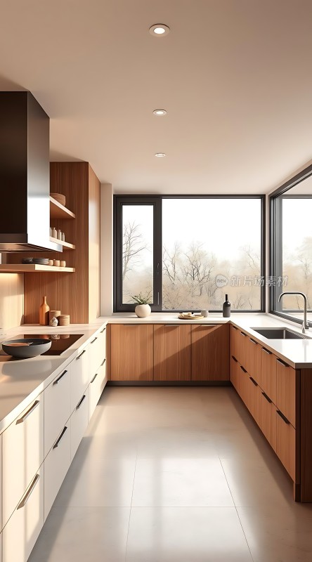 现代厨房设计自然光线充足简约风格木质橱柜与白色台面相得益彰