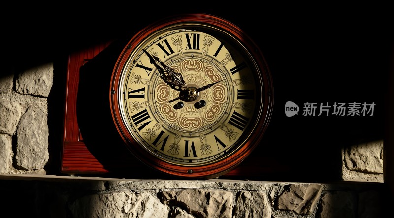 古铜色时钟映照在石墙上