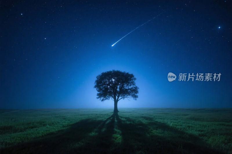星空下的孤树与流星