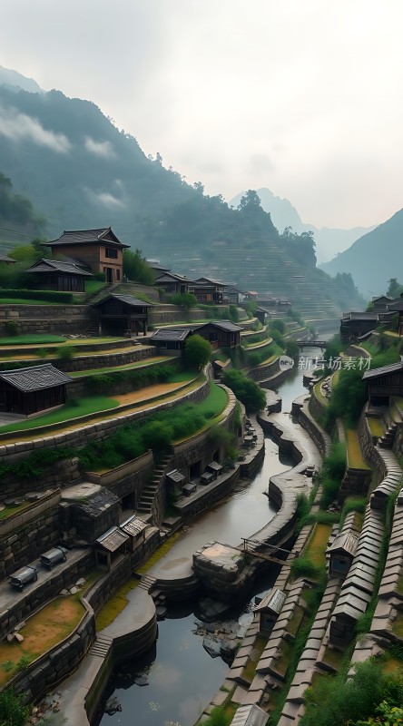 梯田人家山水画卷