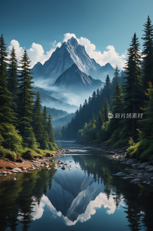 山倒映在树木和岩石的湖中高清风景插图片