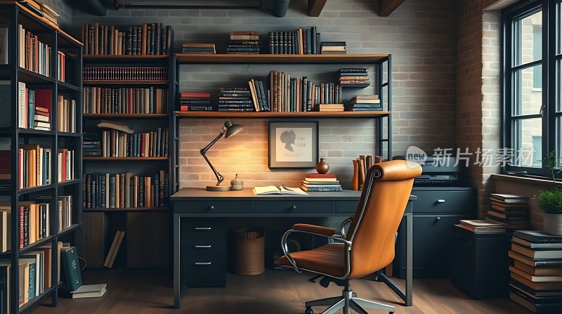 书房一角书架、桌椅与自然光