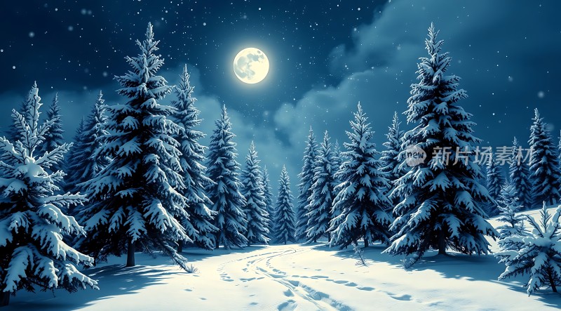 雪夜月光下的静谧森林