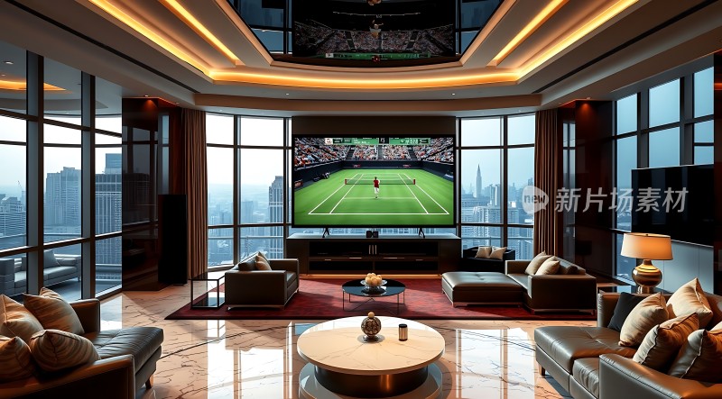 现代豪华客厅全景落地窗舒适沙发大屏幕电视城市景观