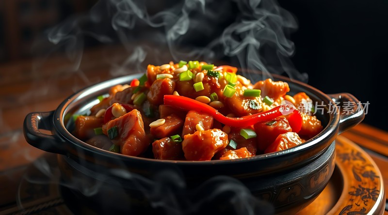 香辣鸡丁配红椒松子