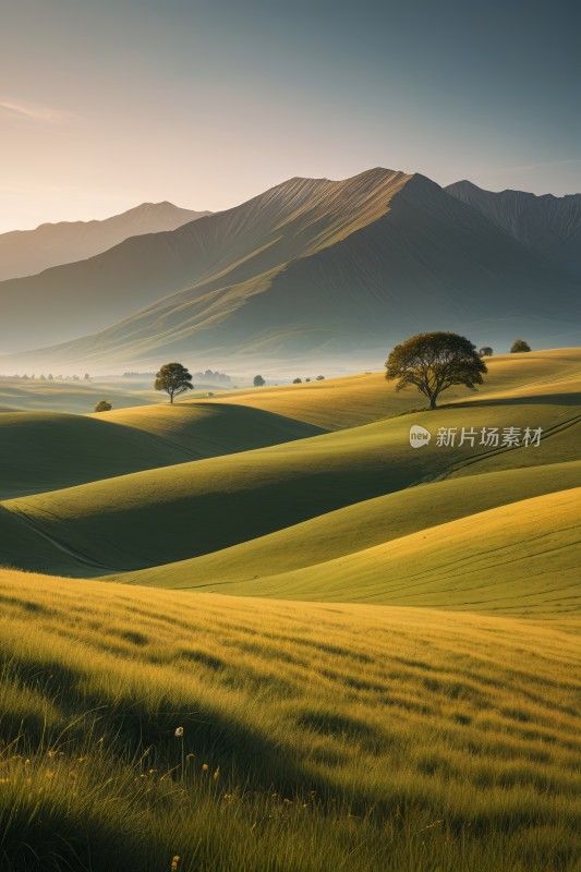 长满树木和山脉的草山高清风景图片