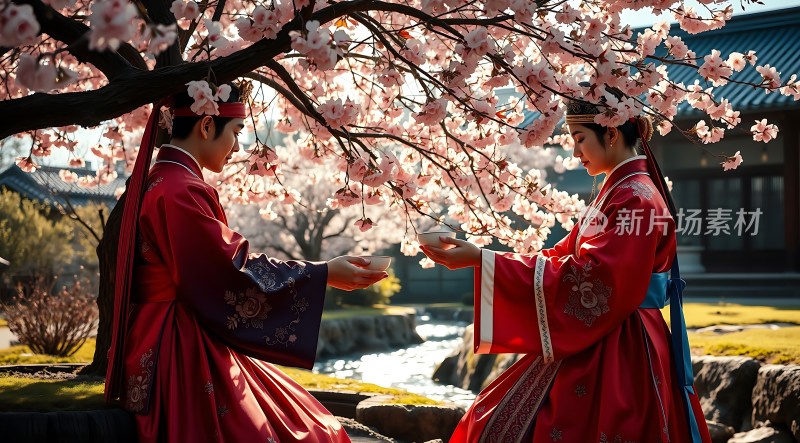 汉服佳人樱花下品茗