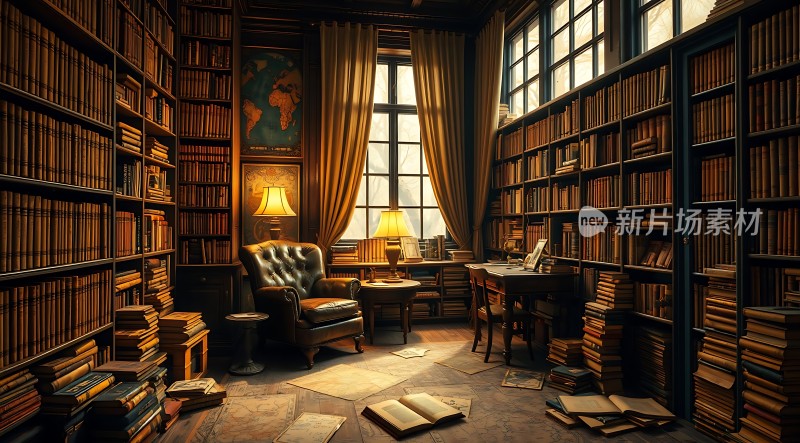 古色古香书房书架、书籍、地图、椅子、台灯、桌子