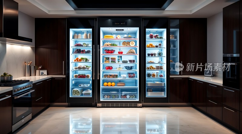 现代厨房冰箱满载美食展示生活品质