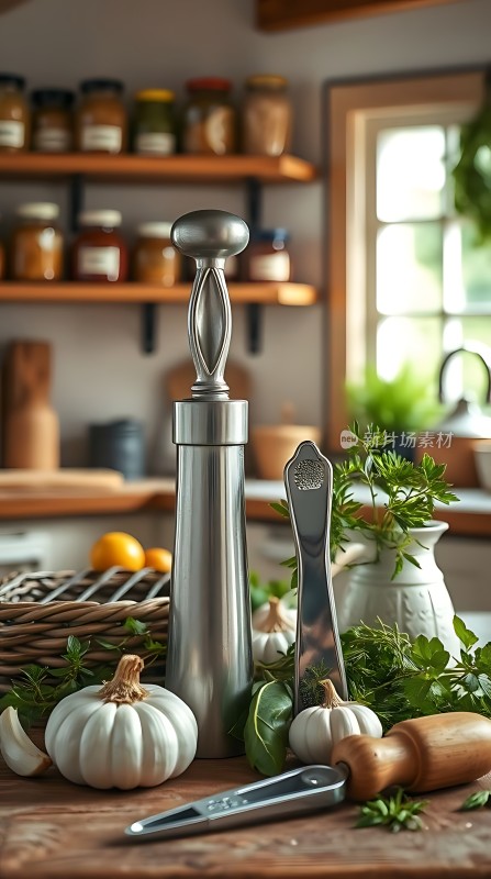 厨房一角展示美食制作工具和食材