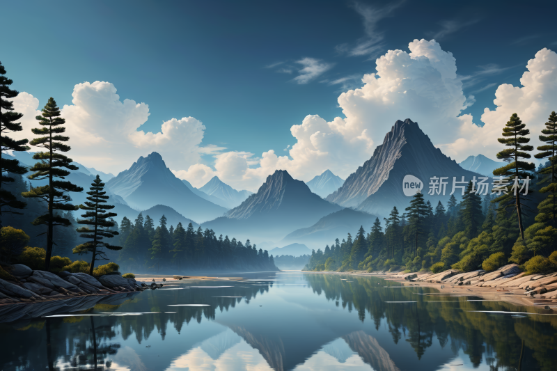 一个山湖几棵树和一座高山清风景插画图片