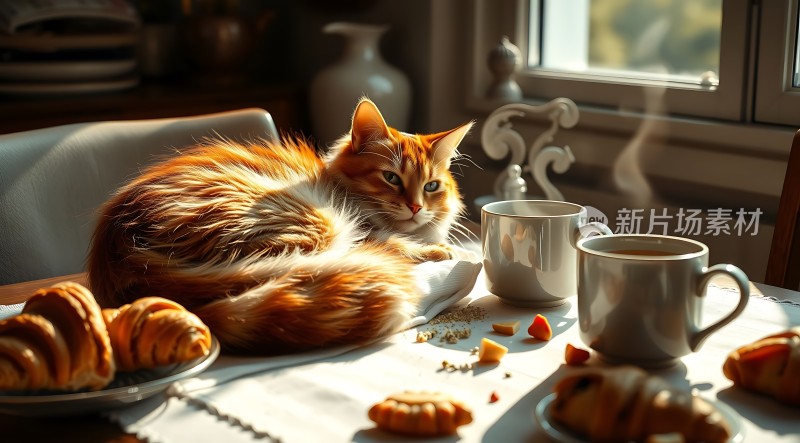 阳光下的橘猫与早餐时光